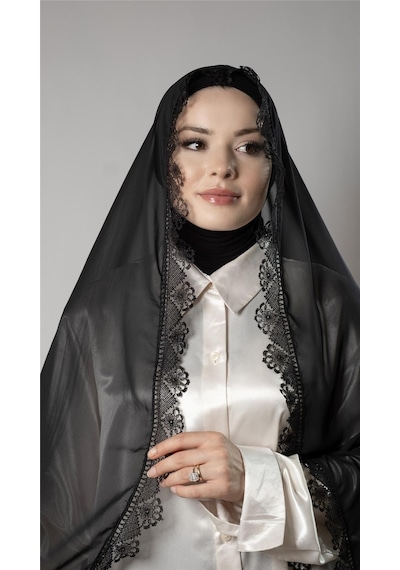Hürrem Bone Siyah Namaz Başörtüsü Şal Şifon Kumaş Güpürlü 202106 01