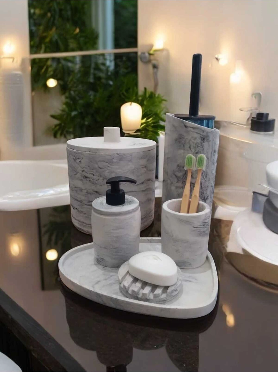 Mermer Desen Tam Beton Banyo Seti,tuvalet Fırçası,çöp Kovası,katı,sıvı Sabunluk,tepsi Gri