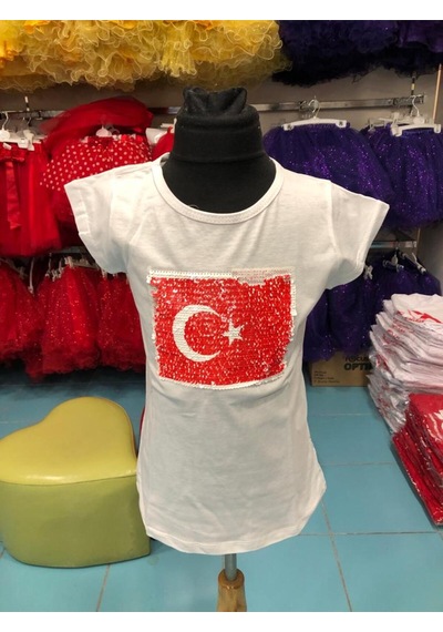 Sedacan Kostüm Atatürk Ve Bayrak Çift Taraflı Payetli Çocuk Tşört Beyaz