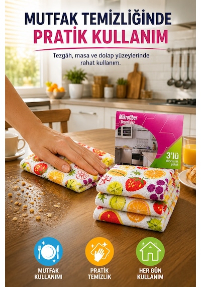 Renkli 3'lü Mikrofiber Temizlik Bezi 35x35 Cm Çok Amaçlı Mutfak Cam Banyo Silme Ve Kurulama Bezi Diğer
