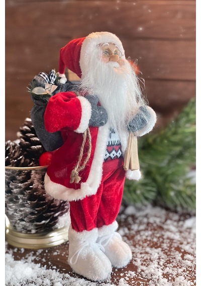 Yılbaşı Süsü Noel Baba Biblo Figür Büyük Boy 45cm -kayakları, Hediye Çuvalı Ve Aksesuarları İle 45