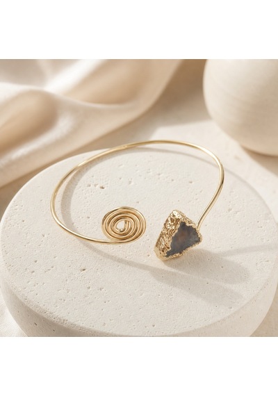 Doğal Gri Akik Taşlı Altın Tonlu Açık Uçlu Spiral Kadın Bileklik Gold