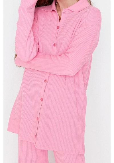 Ersefa Tarz Kadın Modern Moda Yüksek Bel Geniş Paça Polo Yaka Yırtmaç De Pembe