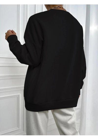 Startmore Kadın Maın Baskılı Oversize Bisiklet Yaka Sweatshirt Siyah Siyah