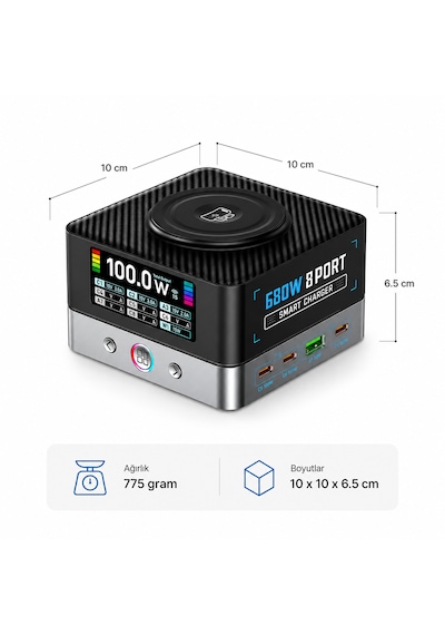 Ultratekno Wlx-r8a 680w Gan 8 Port Pd 3.1 Hızlı Şarj İstasyonu Kablosuz Şarj Destekli Usb Type-c Laptop Telefon Tablet Şarj Cihazı Siyah-Gri
