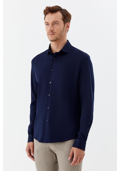 Sabri Özel Erkek Lacivert Dar Kesim Slim Fit %100 Pamuk Düz Dokuma Klasik Yaka Gömlek