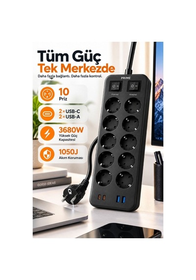 10 Lu Akım Korumalı Grup Priz 3680w, 2 Usb-c + 2 Usb-a, 1050j, 2 Metre Kablo 0 - 2 M