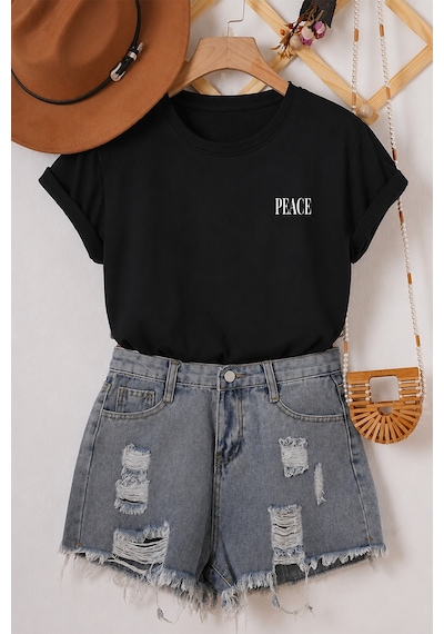 Spoyi Peace Bloom Tasarımlı %100 Pamuk Yarım Oversize Siyah T-mhirt
