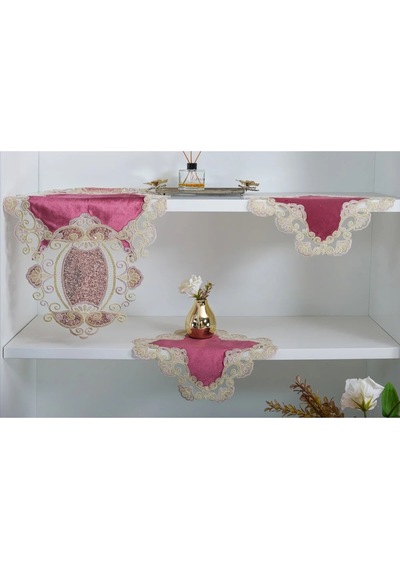 Aydan Aplikeli Güpürlü Kadife Pudra Salon Takımı 5 Parça 50x140 Cm 1453 Pudra