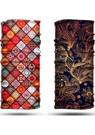 Dair Altın Yaprak - Motif Desenli 2'li Set Boyunluk Bandana Outdoor Balaklava Yüz Maskesi Kafa Bandı