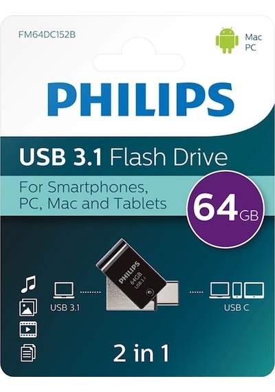 Flash Bellek 64 Gb Mini Usb Ve Type-c 3.1 Philips Gece Siyahı