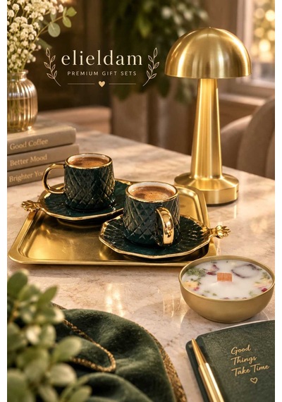 Doğum Günü, Özel Gün, Yeni İş, Yeni Ev Hediyesi İkili Porselen Fincan, Altın Sunum Tepsisi, Soya Mum Ve Masa Lambası Seti