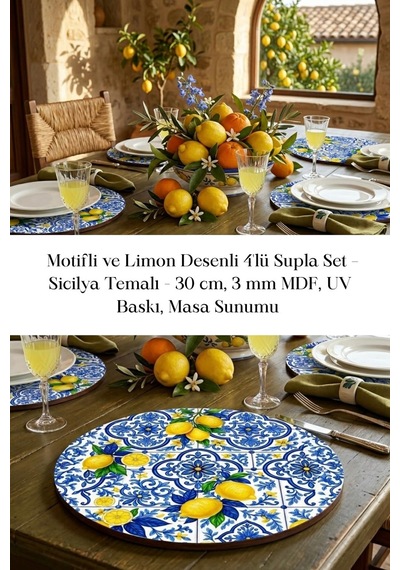 Motifli Ve Limon Desenli 4lü Supla Set 30 Cm Mdf Uv Baskı Çok Renkli