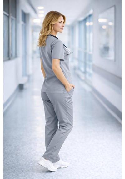 Likralı Hemşire Doktor Forması Premium Belinda Soft Kumaş Scrubs Hastane Üniforması Cerrahi Takım Gri