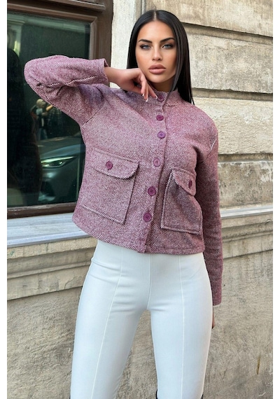 Bordo Dik Yaka, Çift Kapaklı Cep, Kısa Kesim, Diagonal Kaşe Ceket Bordo
