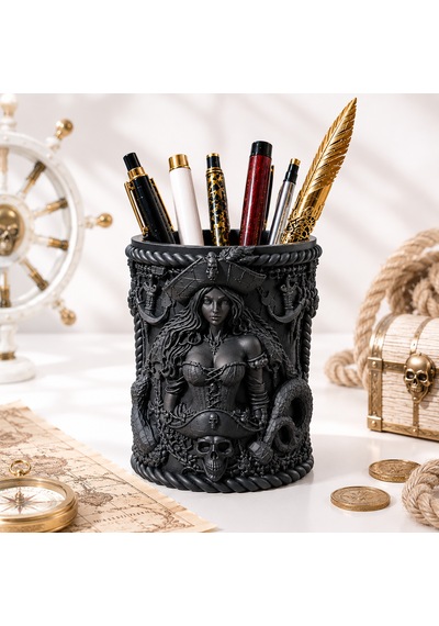 Özel Tasarım Korsan Temalı Dekoratif Kalemlik 8x10 Masaüstü Organizer Premium Kalem Tutucu Siyah