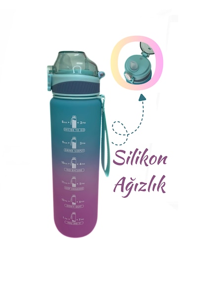 1000 Ml Plastik Motivasyon Matarası Pipetli, Kilitli Ve Taşıma Kulplu Turkuaz - Mor