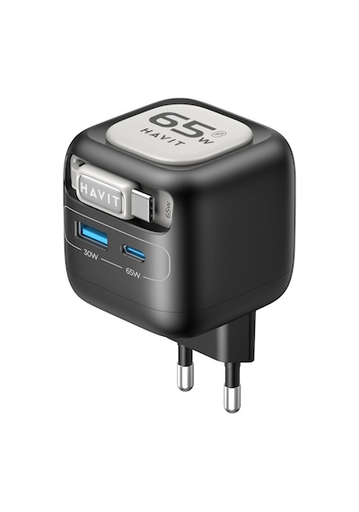 Uc253 65w Gan Hızlı Şarj Adaptörü Geri Çekilebilir Kablolu Pd Type-c Siyah