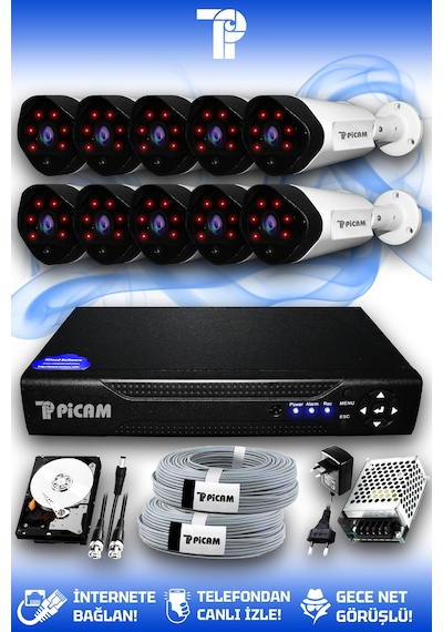 Picam 10 Kameralı Uzay 10 Dış Kamera Set 1 TB HDD Full HD Gece Görüşlü Güvenlik Kamerası Sistemi