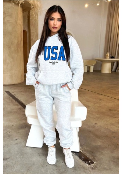 Usa Eşofman Takımı Sweatshirt Jogger - Gri Baskılı Oversize Şardonlu Kapüşonlu Gri