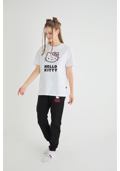 Hello Kitty Lisanslı Baskılı Basic Beyaz T-shirt Kalıp Pamuk Renkli