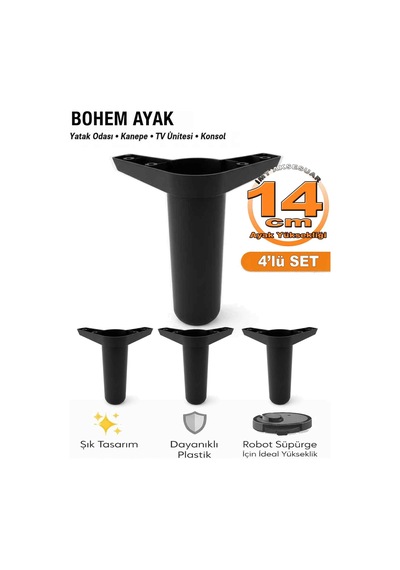 İmt Aksesua Bohem 14 Cm Siyah 4 Adet Mobilya Ayağı Robot Süpürgeye Uyumlu Koltuk Dolap Tv Ünitesi Konsol Ayağı Siyah