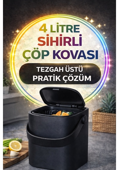Siyah Akıllı Kapaklı Tezgah Üstü Çöp Kovası İç Kovalı Tutma Saplı Pratik Mutfak Çöp Kutusu 4 Litre Diğer