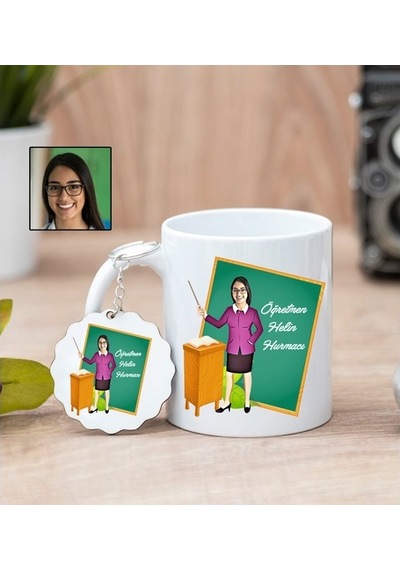 Öğretmene Karikatürlü Kupa Bardak Ve Anahtarlık
