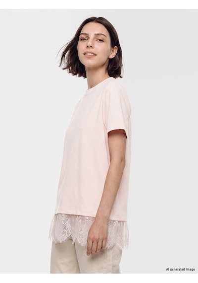 Lcw Modest Pembe Dantel Detaylı Soft Touch Kadın Tişört