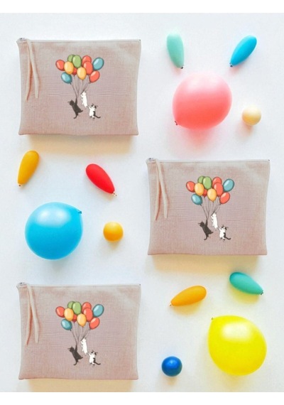 Kedi Ve Balon Baskılı 3'lü Makyaj Çantası 20x25 Cm - Seyahat Makyaj Çantası