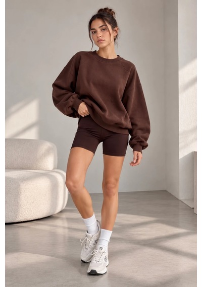 Bbbutikbasic Kadın Şardonlu 3 İplik Kısa Reglan Kol Sweatshirt My3535 Kahverengi