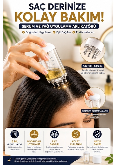 Saç Derisi Masaj Aleti 6 Ml Serum Yağ Uygulama Aplikatörü 5 Bilyeli Ölçekli Bakım Ve Uygulama Aparat Beyaz