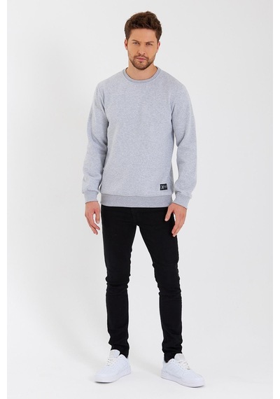 MMetalic Bisiklet Yaka Etiket Detayı İçi Pamuklu Erkek Sweatshirt Gri