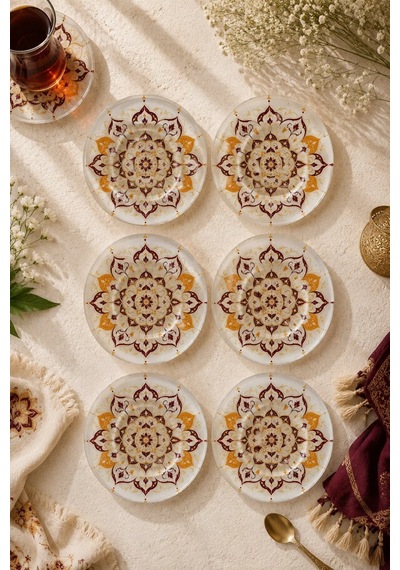 6 Lı Cam Çay Tabağı - Bordo Gold Otantik Mandala Desenli 12 Cm - 6 Adet Çay Tabak Turuncu