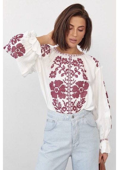 Femelle Kadın Yeni Sezon Komple Çiçek Nakış İşlemeli Tasarım Vintage Bluz Beyaz