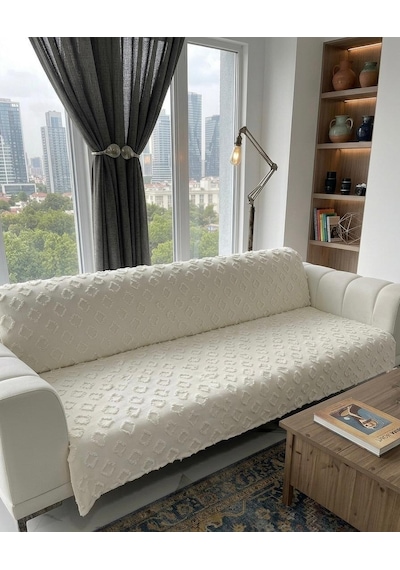 Royam Koltuk Örtüsü Çekyat Örtüsü 175 X 215 Lüks Kumaş Şönil Jakarlı Kaymaz Ekru