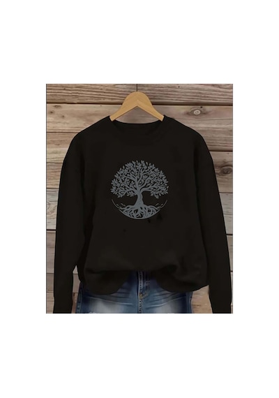 Herkesemoda Ağaç Baskı Detaylı Bisiklet Yaka Sweatshirt Siyah
