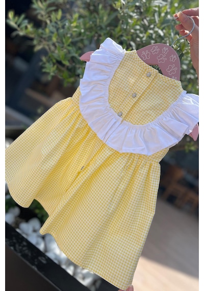 Fırfır Ve Kurdele Süslemeli Pötikare Sarı Kız Çocuk Bebek Elbise 001