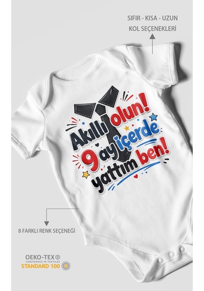 Morivokids Akilli Olun 9 Yazılı Kısa Kollu Bebek Body %100 Pamuk Beyaz