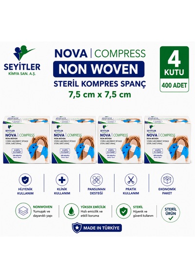 Seyitler Nova Nonwoven Kompres Steril 7,5cm X 7,5cm Spanç 100'lü Kutu - 4 Kutu