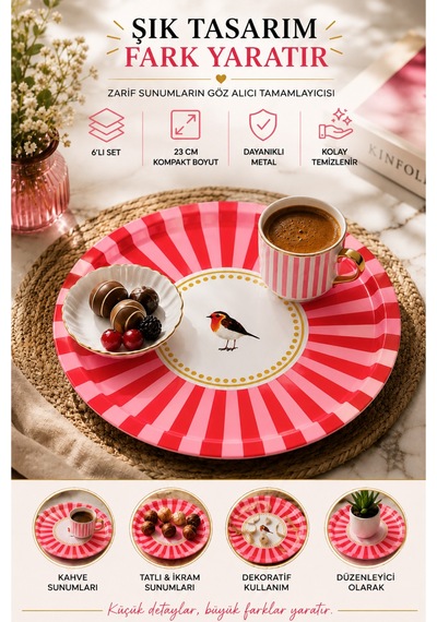 6 Lı Metal Sunum Tepsisi 23 Cm Yuvarlak Pembe Kırmızı Desenli Çay Kahve Servis Tepsisi Seti Pembe - 914027353 Pembe