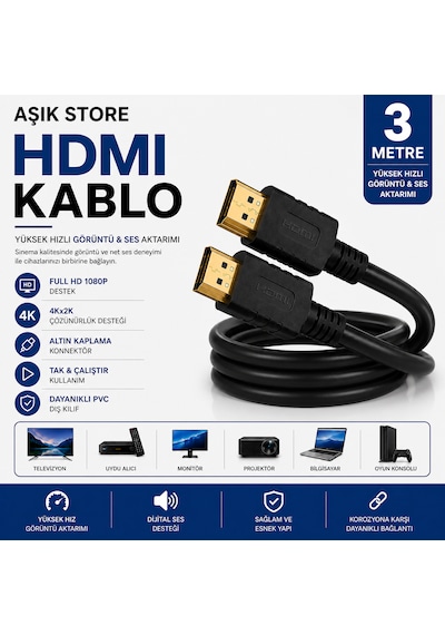 Hdmı Kablo 3 Metre Full Hd 1080p 4kx2k Yüksek Hızlı Görüntü Ve Ses Aktarım Kablosu Altın Kaplama Konnektör Pvc Dış Kılıf