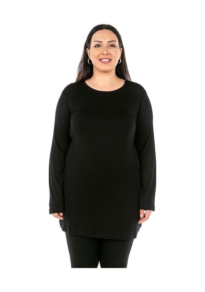 Disentis Büyük Beden Yuvarlak Yaka Uzun Kollu Viskon Uzun Siyah Body