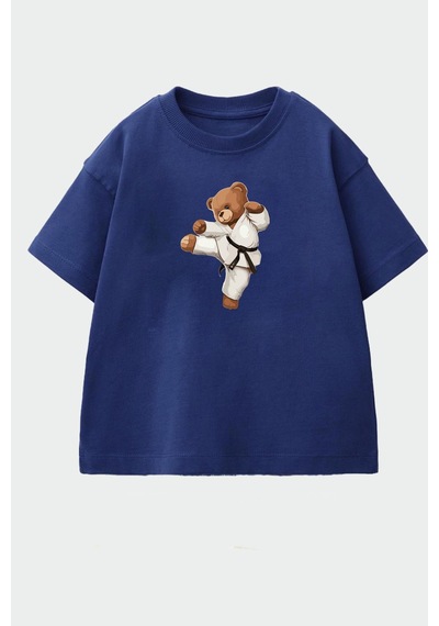Monila Erkek Çocuk Pamuklu Bisiklet Yaka Karate Ayıcık Baskılı T-shirt Lacivert