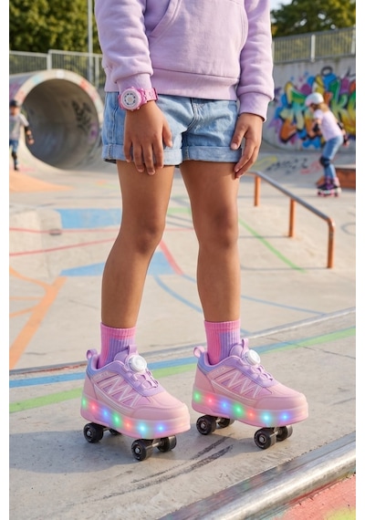 Muggo Skate Çocuk Işıklı Patenli Tekerlekli Sneaker Spor Ayakkabı Pudra