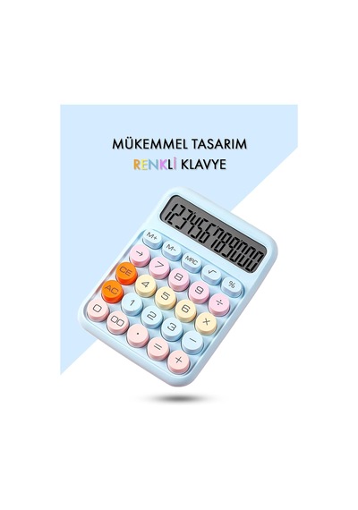 Renkli Hesap Makinesi - 12 Haneli Yuvarlak Tuşlu Mavi Renk Hesap Makinesi - 4 Fonksiyonlu Pil Hediye Diğer
