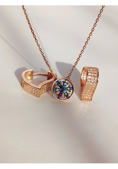 Gümüş Gold Kar Tanesi Kolye Beyaz Kalp Küpe Trend Kadın Set