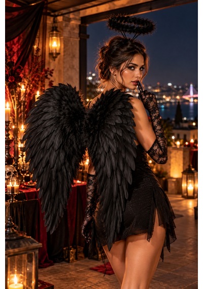 Halloween Siyah 80x70 Melek Kanadı Haleli Melek Tacı Uzun Dantel Eldiven 3'lü Kostüm Seti Cadılar Bayramı