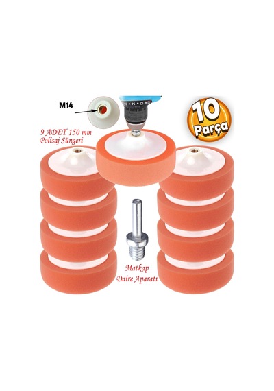Pasta Cila Polisaj Süngeri Zımpara Tabanlı Turuncu 150 Mm M14 Uyumlu Matkap Daire Aparatı 10 Parça
