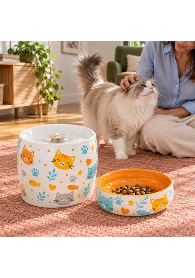 Kedi Porselen Su Pınarı Ve Mama Kabı 2'li Set Otomatik Filtreli Pompalı Seramik Su Sebili, 1.3 L, 600 Ml Kase, Led Işıklı, Sari-kedi